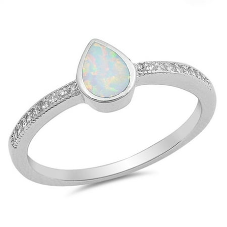 Gem Teardrop Solitaire (Sterling Silver Women's Flawless Colorless Cubic Zirconia White Simulated Opal Micro Pave Teardrop Solitaire Ring (Sizes 4-10) (Ring Size)