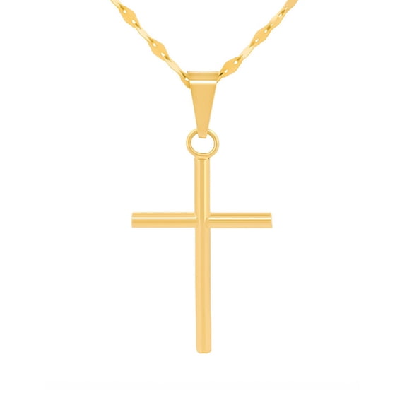 Cadena y Dije Cruz Tubo Casa del Anillo Oro Sólido 10k Amarillo 2.6 cm