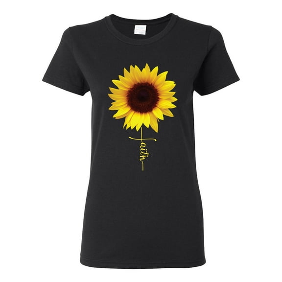 Sunflower Christian Faith Cross Inspirational/Christian Womens Graphic T-Shirt, Black, Small