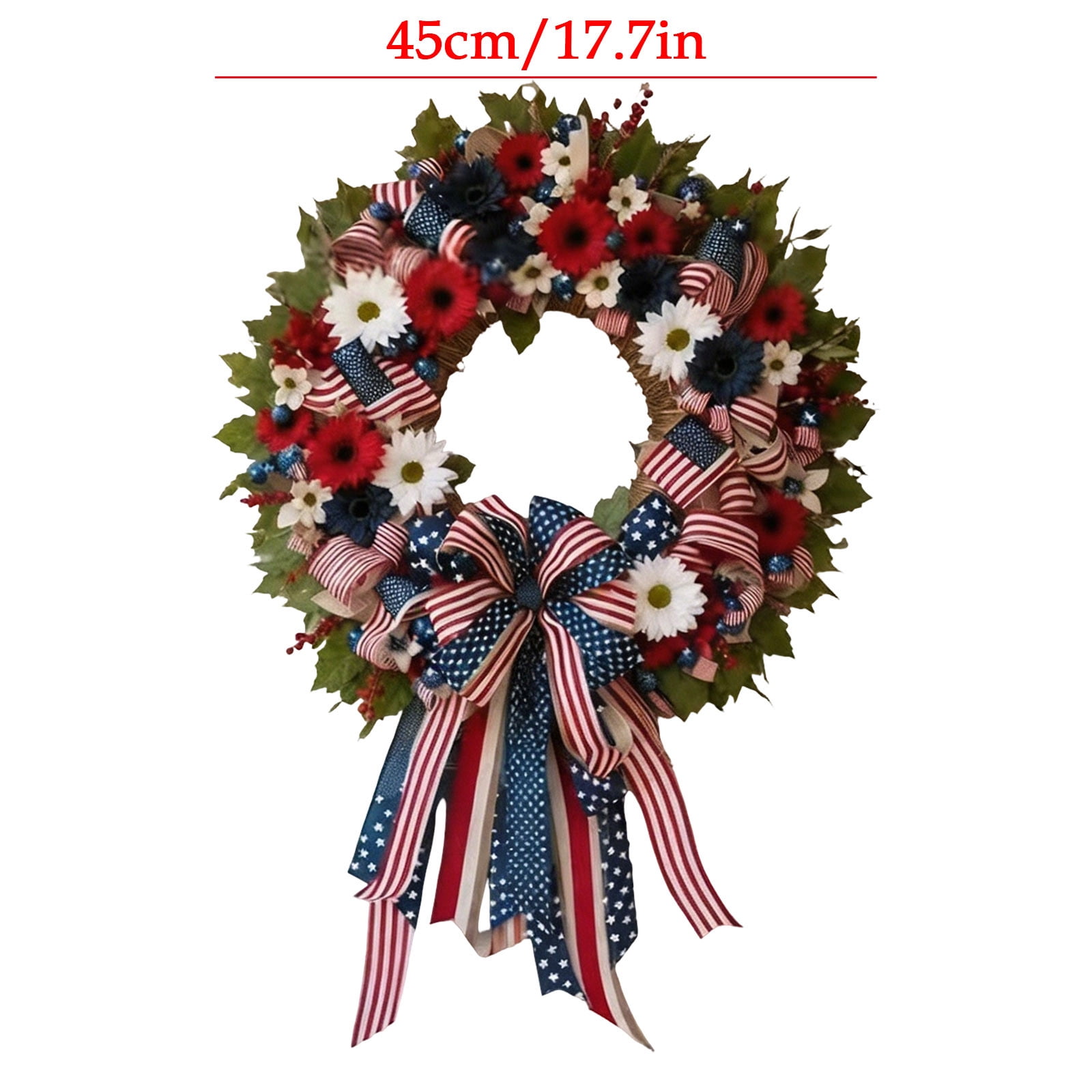 Leutsin Patriotic Wreath for Front Door, Red White Blue Floral American Flag Wreath with Ribbon Bow, 4th of July Wreath for Independence Day 250th Anniversary Home Wall Window Porch Decor