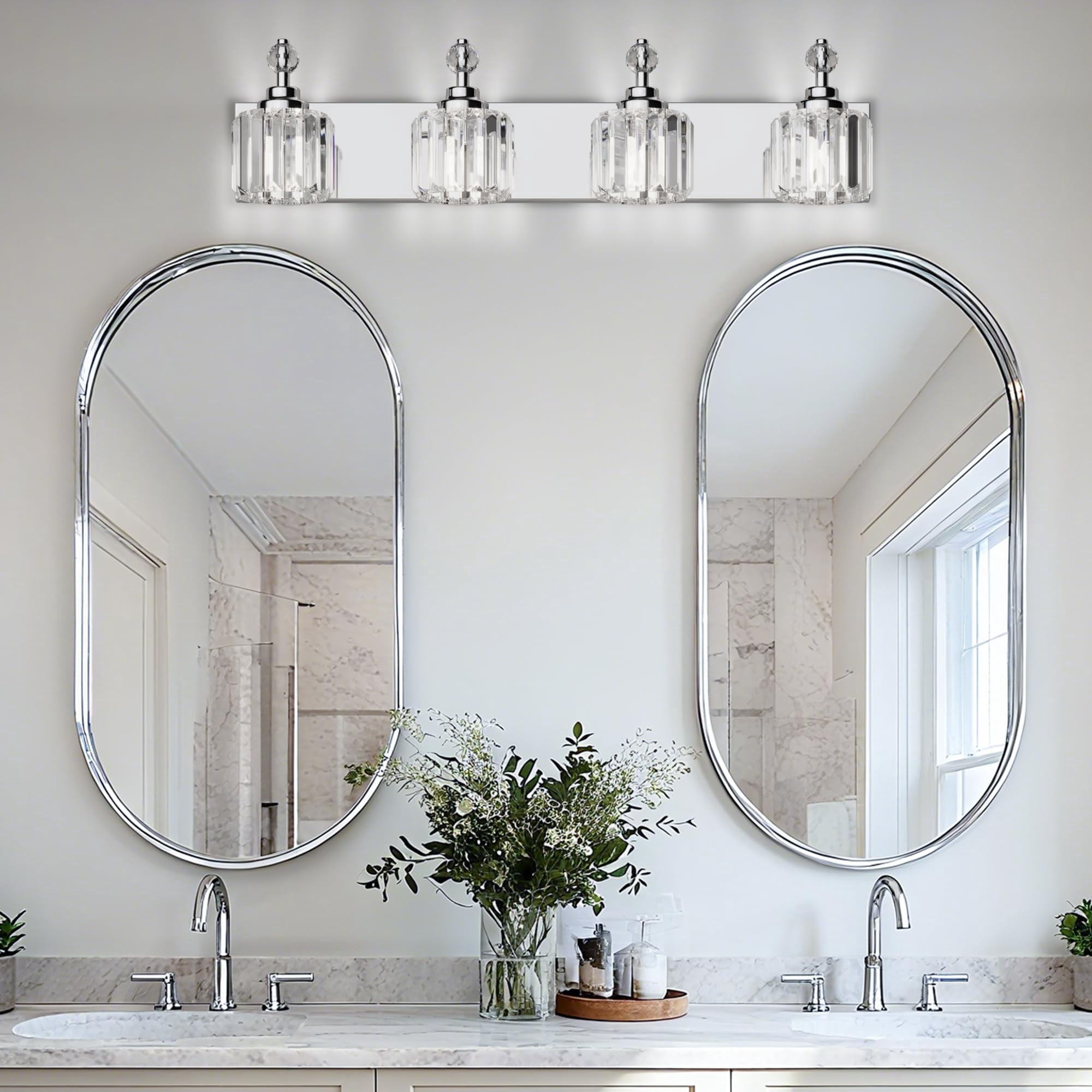 4 Light Crystal Bathroom Vanity Light Chrome Wall Light Fixture Modern Vanity Lighting Over Mirror E12-Base