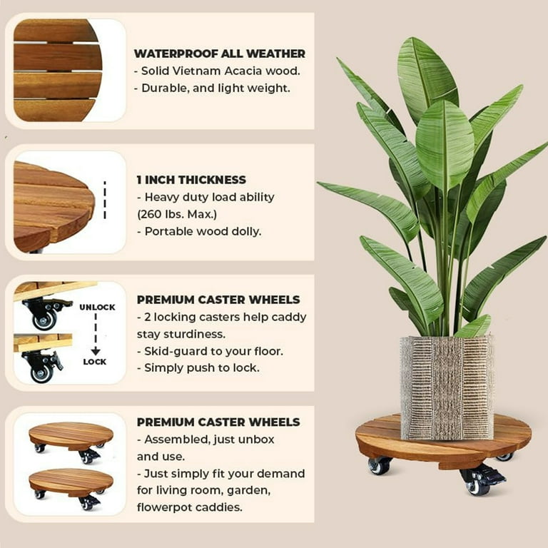 2 Pack 16 inch Plant Caddy Plant Stand with Wheels Rolling, Heavy Duty Wooden Round Plant Dolly Rollers with Metal Lockable Casters Indoor Outdoor Pot
