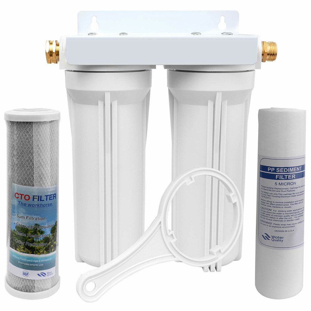 External RV dual water filter system for RVs, boats, motor homes
