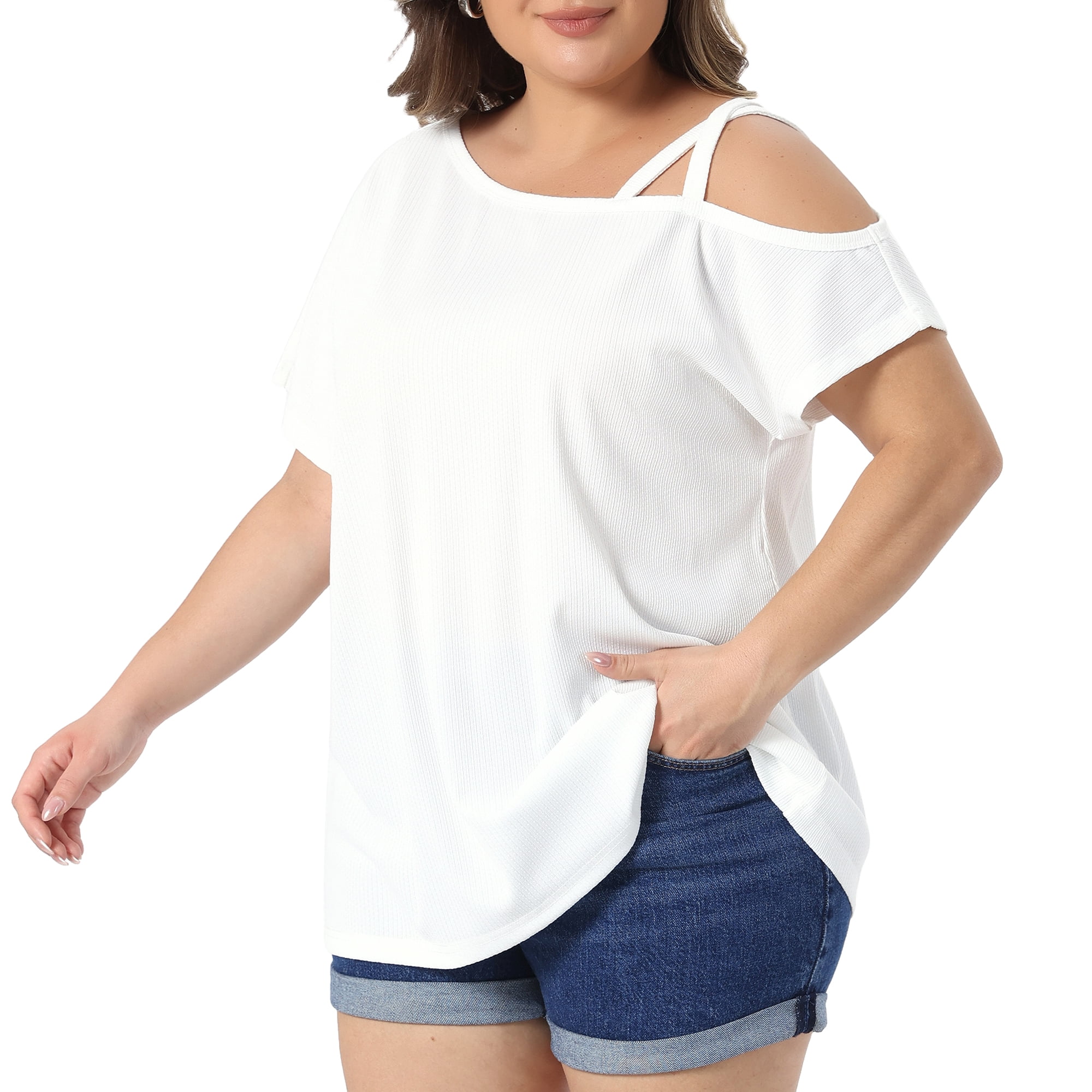 DARING DIVA Women's Plus Criss Cross Off One Shoulder T-Shirts 1X White