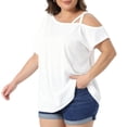 thumbnail image 2 of DARING DIVA Women's Plus Criss Cross Off One Shoulder T-Shirts 1X White, 2 of 6