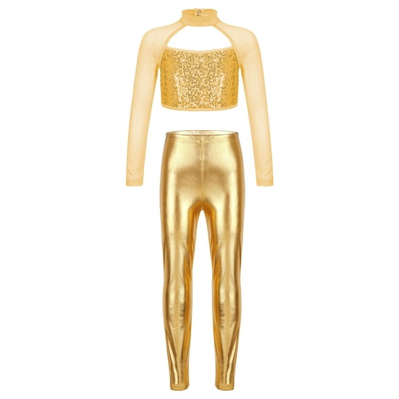 CHICTRY Girls 2Pcs Long Sleeve Dance Outfit Shiny Sequins Cutout Crop Top with Metallic Leggings for Dance Performance Gold 8