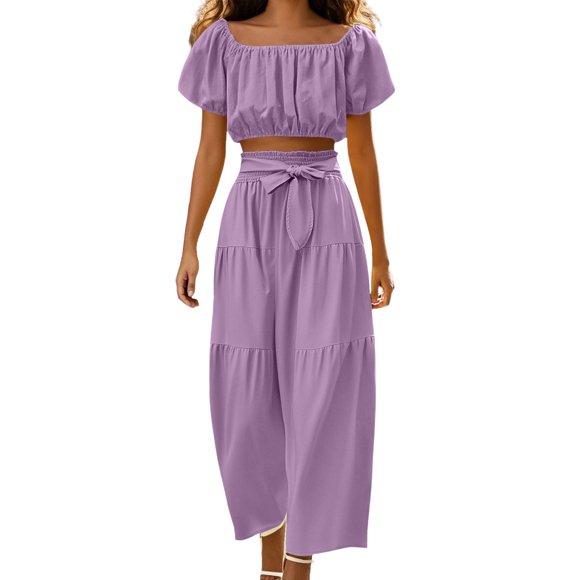 Conjunto moderno para el día: top con cuello cuadrado y mangas abullonadas y pantalones de pierna ancha - Poliéster - Ropa informal/de vacaciones