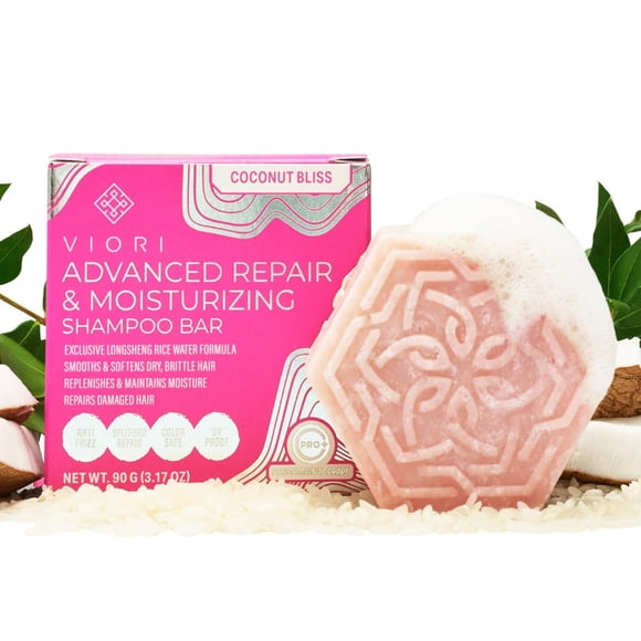 Viori Coconut Bliss Barra de champú hidratante y reparador avanzado - Hecho con agua de arroz para el crecimiento del cabello - Champú hecho a mano sin sulfato