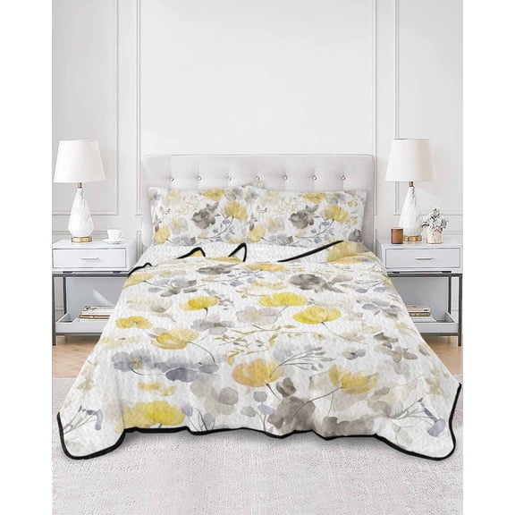 Quilts Twin Size, Yellow Grey Botanical Soft Comforter Bedding Set for Bed, Spring Floral Watercolor Lightweight Quilted Bedspread with Pillow Cover(2 Pieces) for All Season, 68x86 Inch