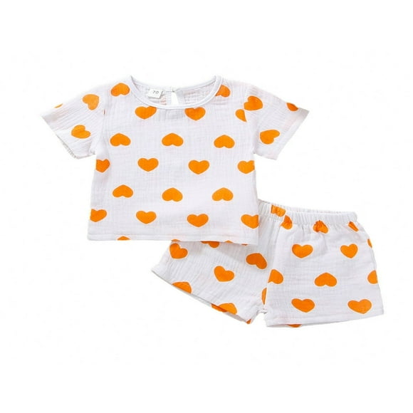 Toddler Baby Girls Summer Outfit Heart Short Sleeves T-Shirt + Elastic Shorts 2PCS Set