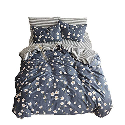 Otob Cotton Girls Floral Teen Bedding Sets Full Size With 2 Pillow Shams Flower Striped Queen Duvet Cover Set For Kids Adults Women Student White Navy Blue Reversible Queen Full Walmart Canada