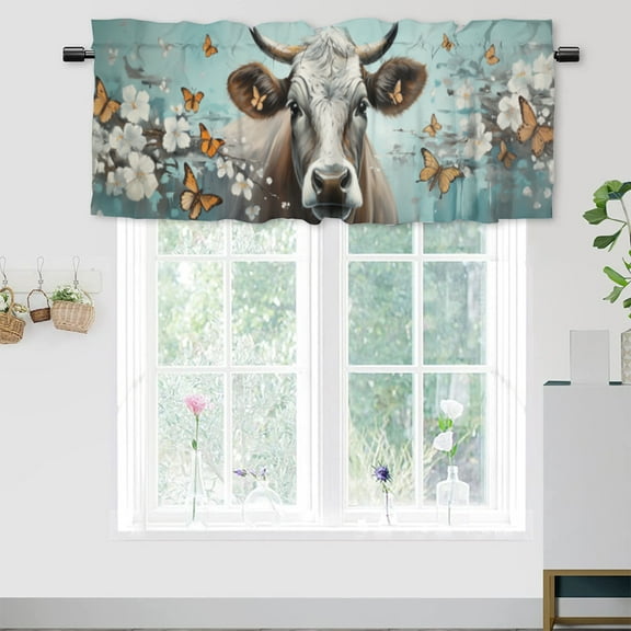 Funny Cow Window Curtain Valances Farmhouse Animal with Flowers Butterfly Window Valance for Living Room Bedroom, Kitchen Valance Rod Pocket Window Curtain 54 by 18 in, 1 Panel