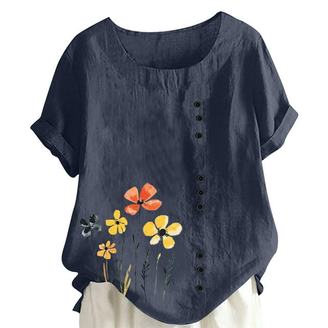 LMKIHUSA Hauts à Manches Courtes en Coton pour Femmes, Col Rond, Boutons, Tunique à Imprimé Floral Boho, T-Shirts Décontractés, Mode Été 2025, Blouses, Marine, TG