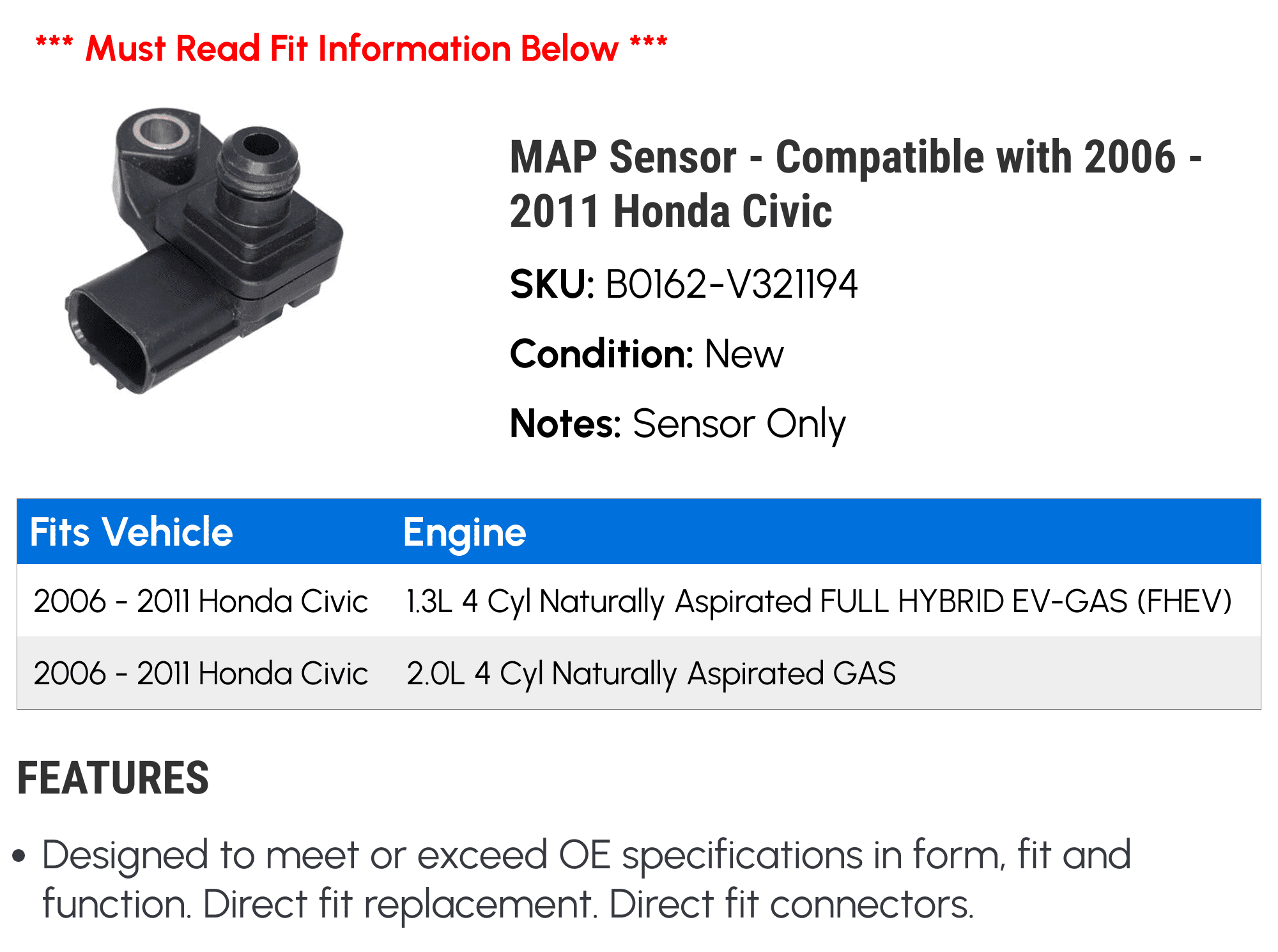 MAP Sensor - Compatible with 2006 - 2011 Honda Civic 2007 2008 2009 2010