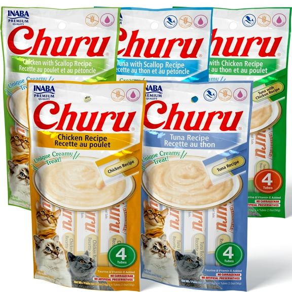 INABA Churu Creamy, Lickable Purée Cat Treat w Taurine, 0.5 oz, 20 Tubes, Tuna & Chicken Variety