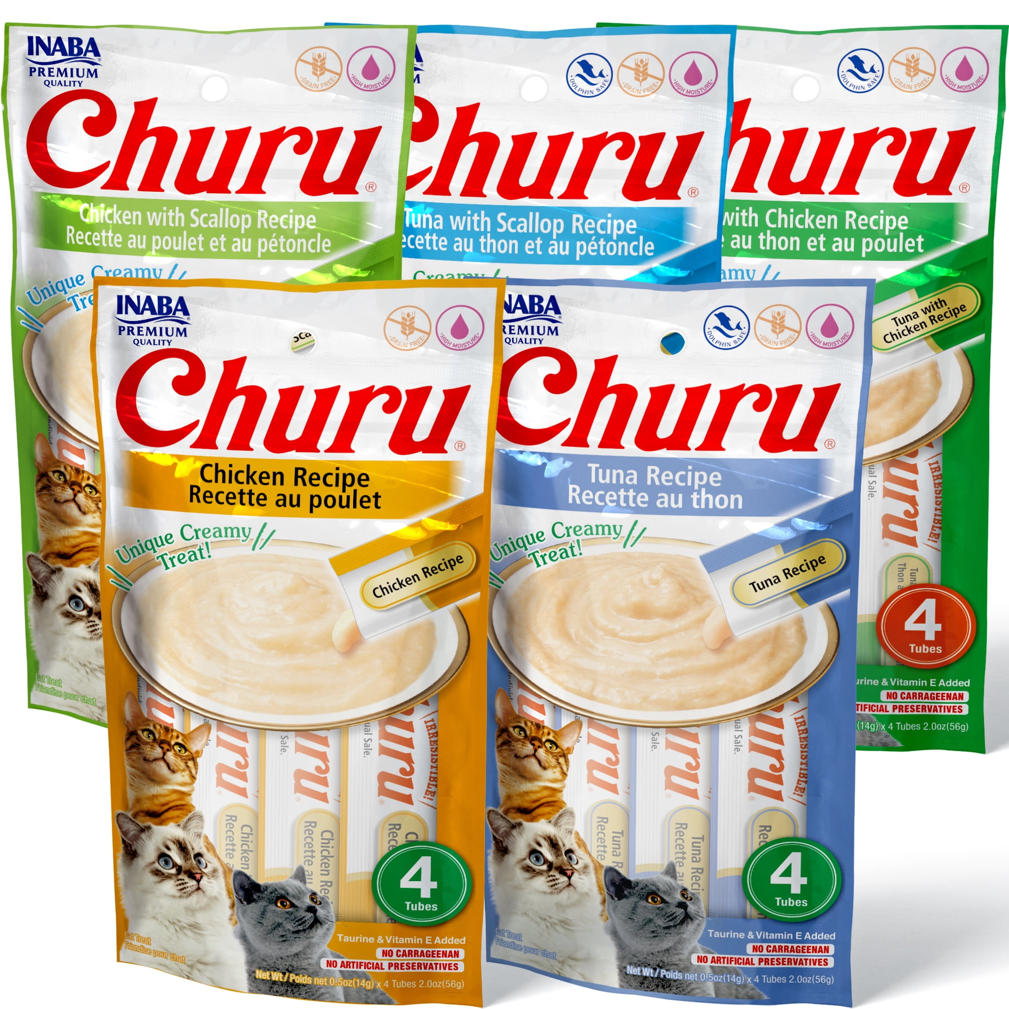 INABA Churu Cat Treats, Grain-Free, Lickable, Squeezable Creamy Purée Cat Treat/Topper with Vitamin E & Taurine 0.5 Ounces Each Tube, 20 Tubes, Tuna & Chicken Variety