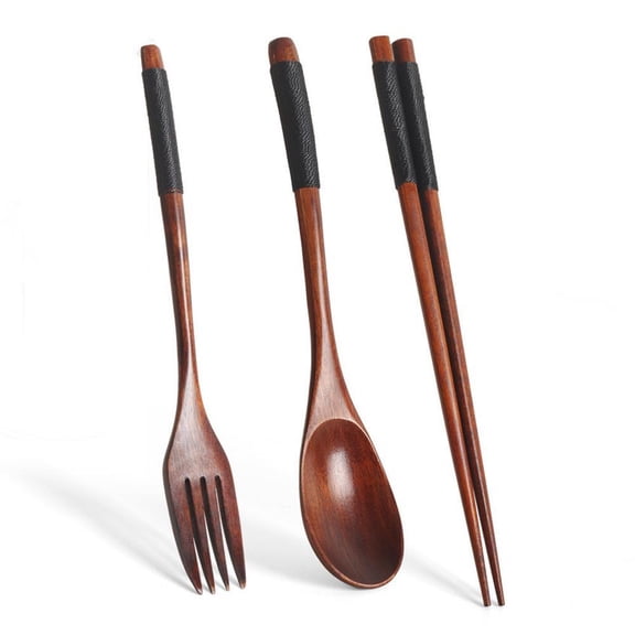 Handmade Japanese Natural Wooden Style Table Arts Set (1 Spoon, 1 Chopsticks, 1 Fork)
