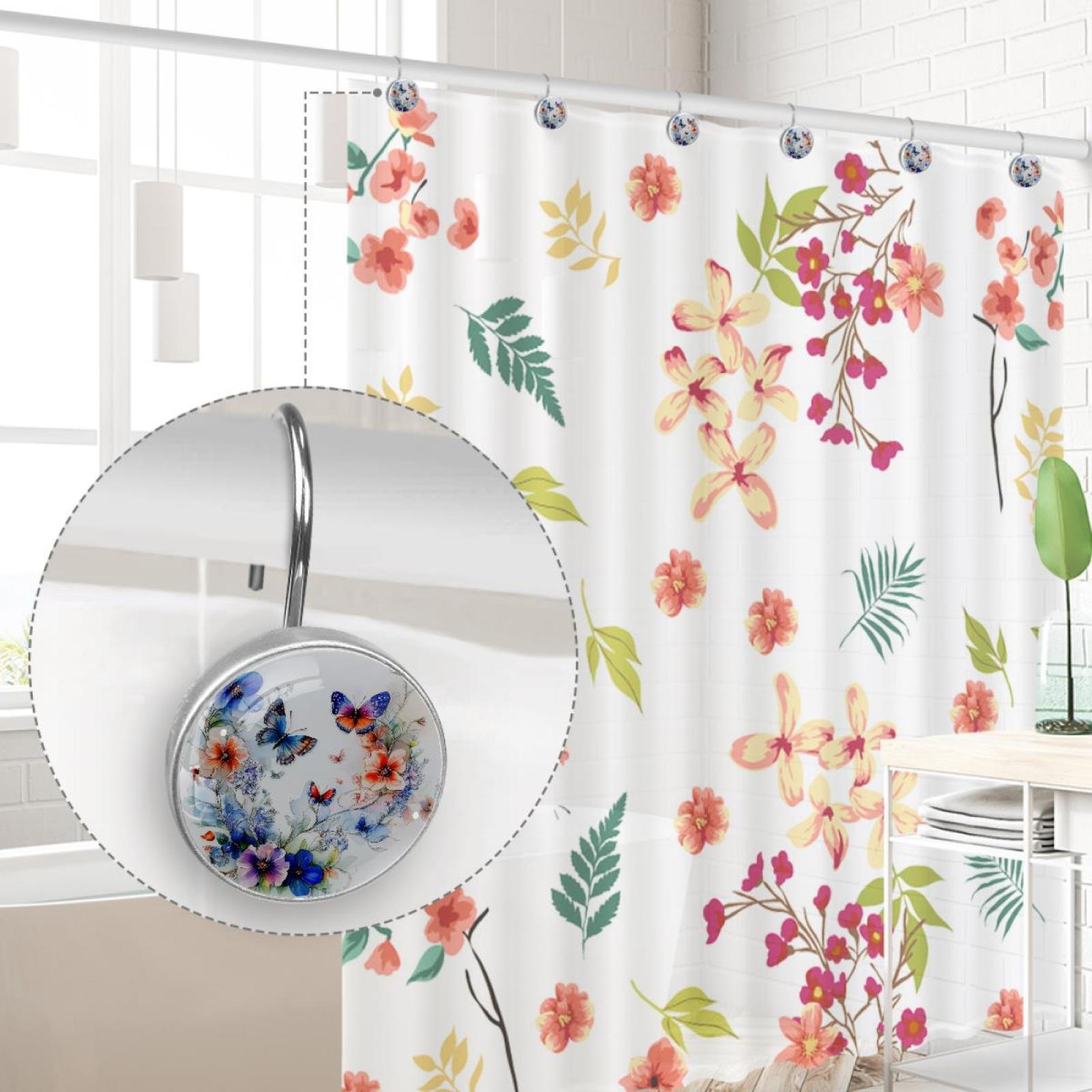 Watercolor Butterfly Wildflowers Shower Curtain Hooks Round Crystal Glass, Set of 12 Shower Curtain Rings - Shower Hooks for Curtain Shower Rings