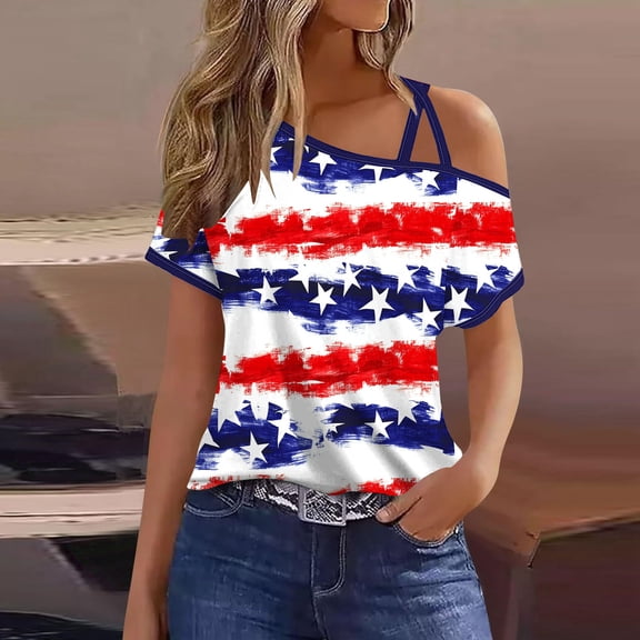 4th of July Off-Shoulder Shirts for Women American Red White Blue Star Stripes T-Shirt American Flag Blouse