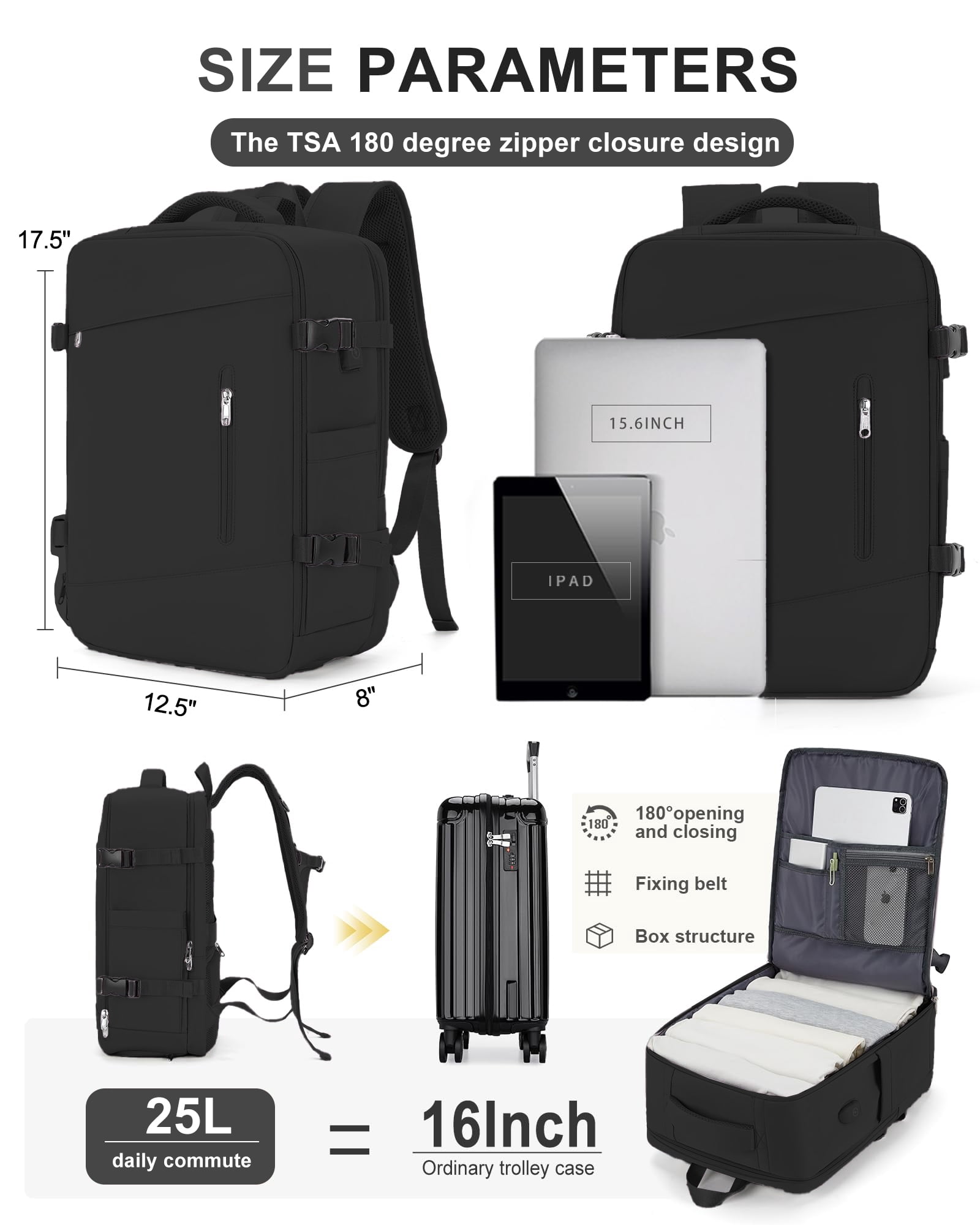 DAKIMOE Large Travel Backpack for Adults Carry on Laptop Backpack Flight Approved Waterproof College Bag with USB Charging Port & Shoe Pouch Casual Daypack for Women Men for Weekender Business, Black