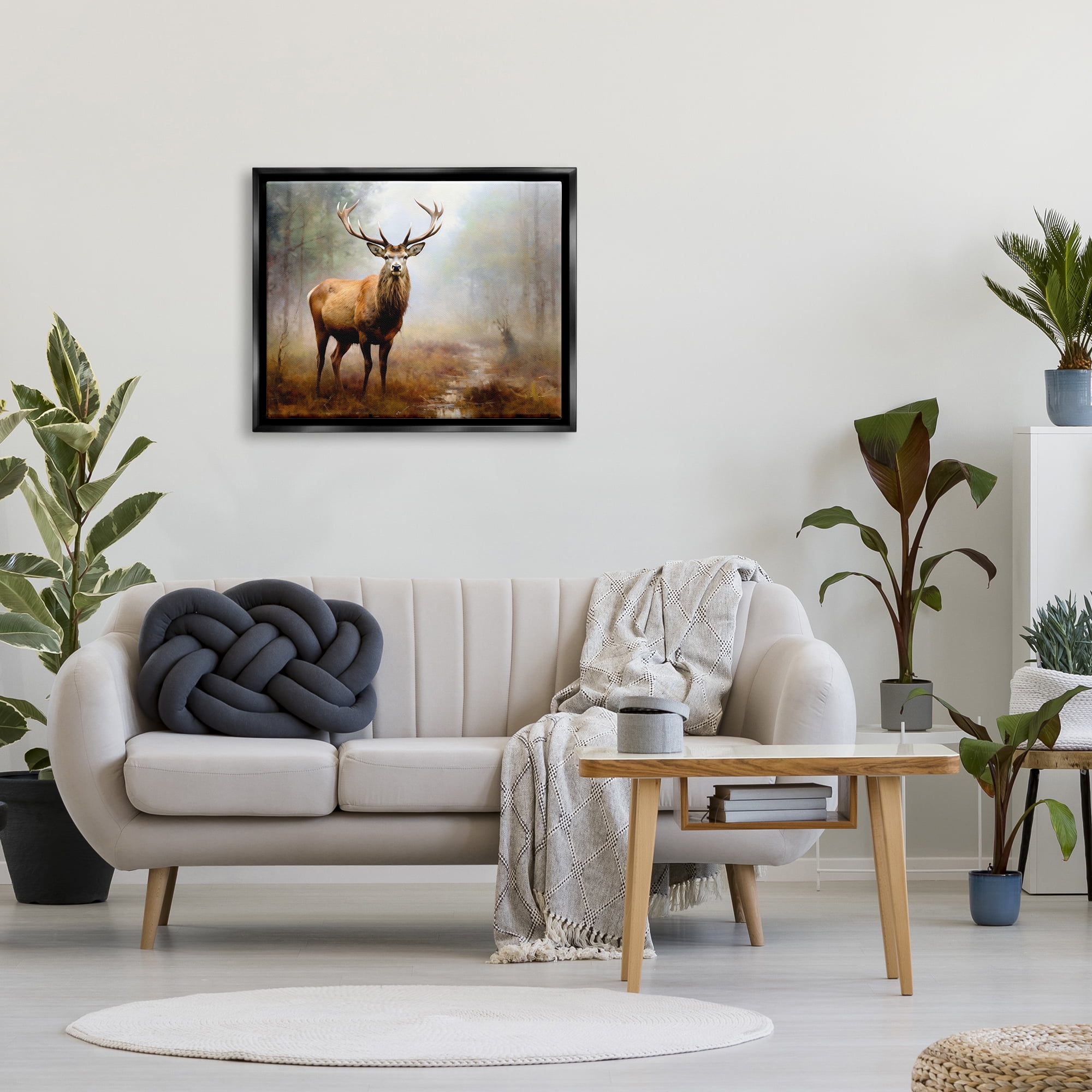 Stupell Industries Deer Woodland Trees Animals & Insects Painting Black Floater Framed Canvas Art Print Wall Art, 31 x 25
