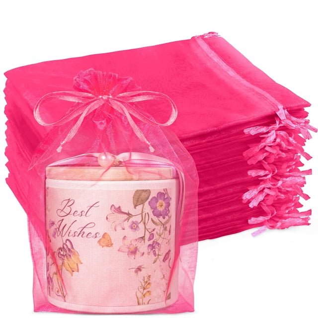 100 bolsas de organza con cordón de color rosa intenso de Creety, 15 x 23 cm