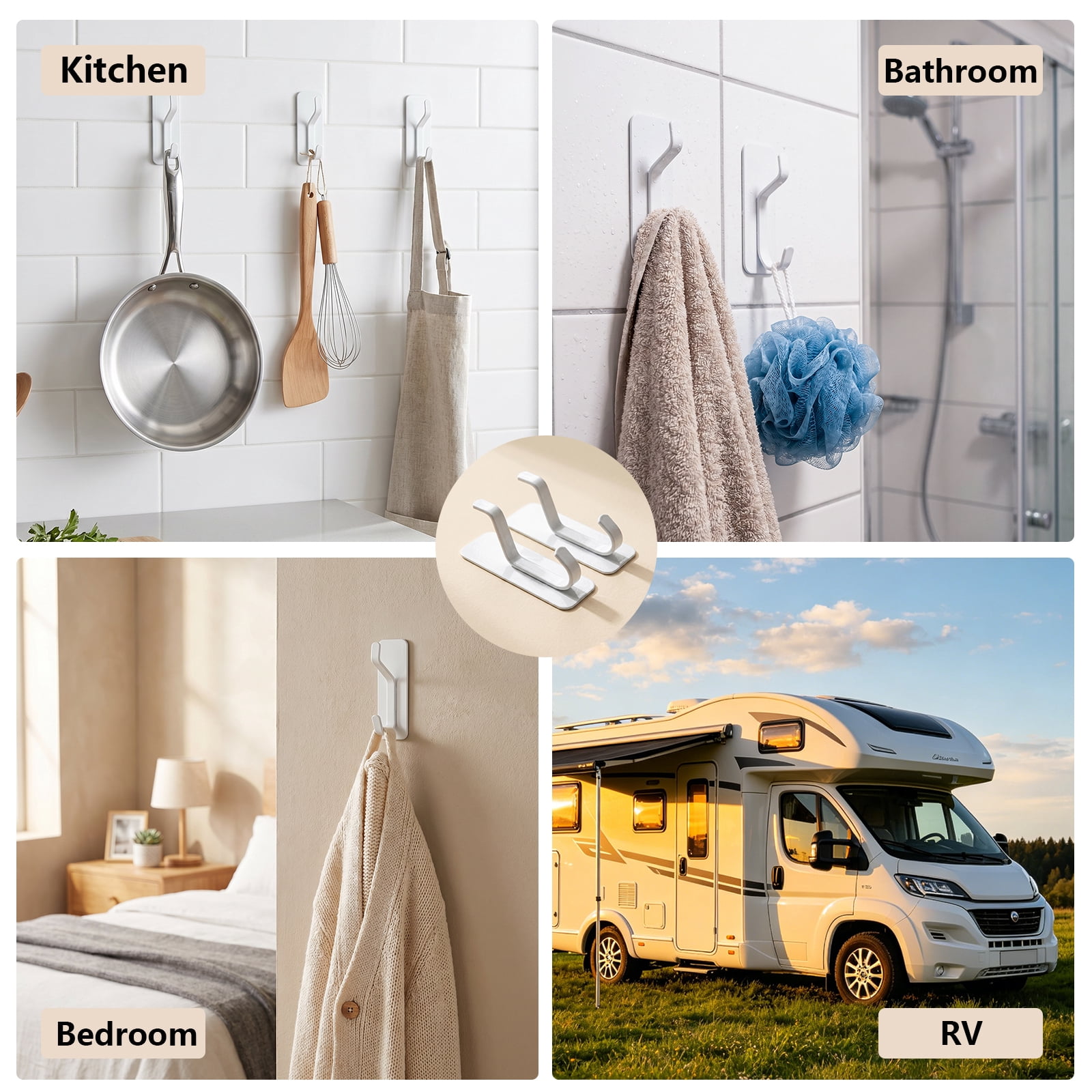 Koomade 8 Packs Coat Hook Wall Mounted Self-Adhesive Hanger, Wall Hook for Towel, Backpack, Hat, Clothes, Keys, Purse, ,for Shower Kitchen Bathroom，White