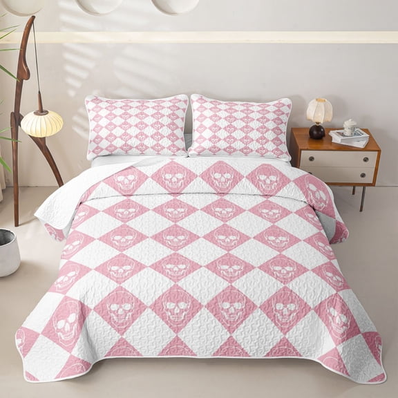 Homewish Gothic Skull Checkered Twin Quilt Set,Halloween Themed Twin Coverlet Set,Pink White,2pcs
