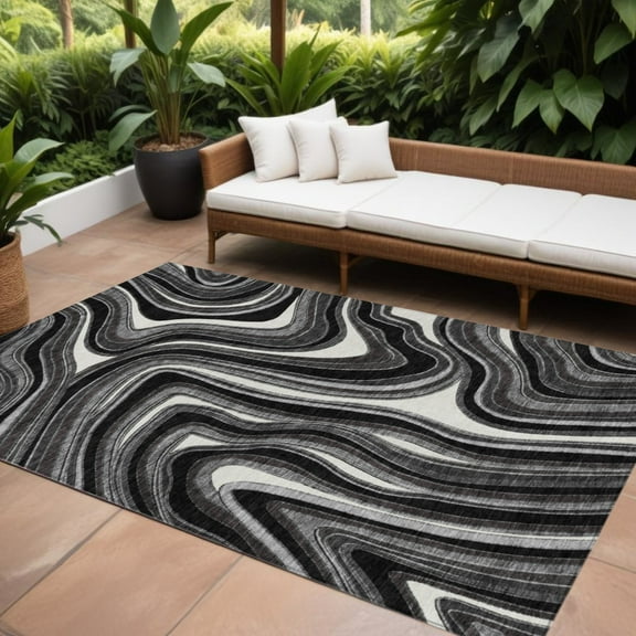 8' X 10' Black Gray And White Abstract Washable Indoor Outdoor Area Rug