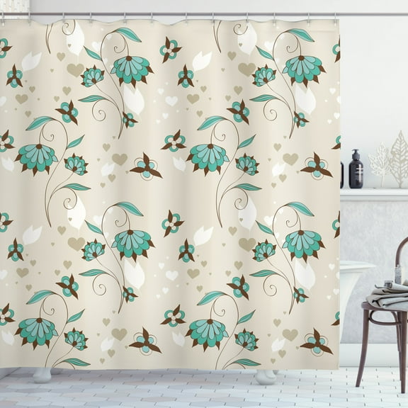 Ambesonne Floral Shower Curtain, Romantic Little Hearts, 69"Wx84"L, Turquoise Brown Beige