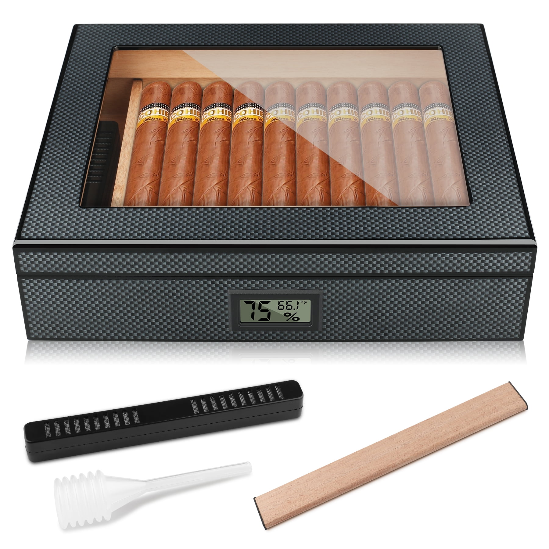 AILE Carbon Fiber Pattern Polished Black Cigar Humidor, Digital Hygrometer and Humidifier Holds