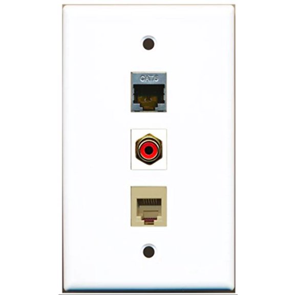 RiteAV - 1 Port RCA Red and 1 Port Phone RJ11 RJ12 Beige and 1 Port Shielded Cat6 Ethernet Wall Plate