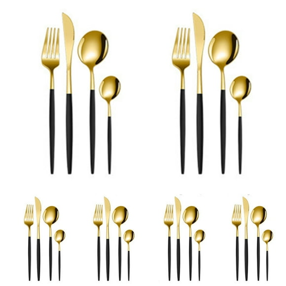 Juego de cubiertos dorados de 24 piezas, juego de cubiertos para 6, juego de cubiertos de acero inoxidable, incluye cucharas, tenedores y cuchillos, cubiertos de cocina para el hogar, la oficina, el