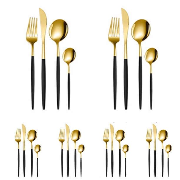 Juego de cubiertos dorados de 24 piezas, juego de cubiertos para 6, juego de cubiertos de acero inoxidable, incluye cucharas, tenedores y cuchillos, cubiertos de cocina para el hogar, la oficina, el