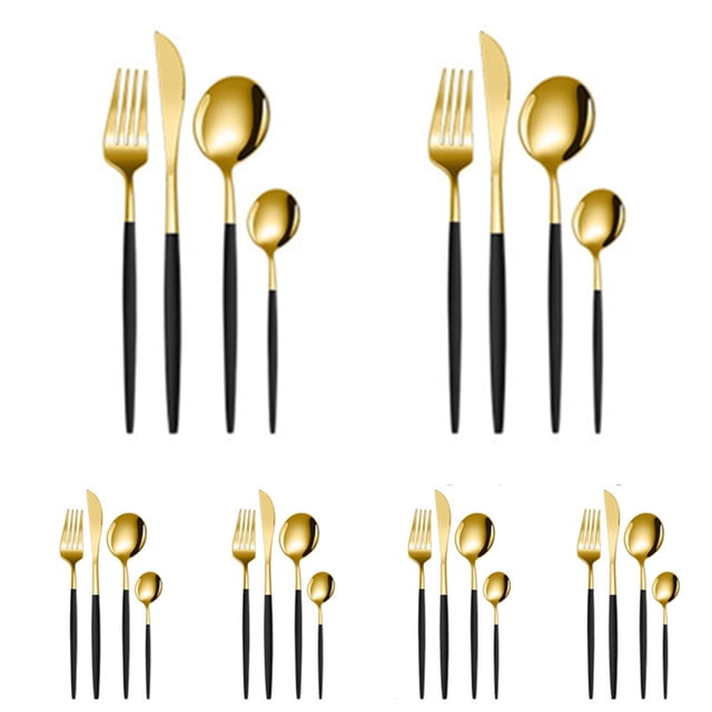 Juego de cubiertos dorados de 24 piezas, juego de cubiertos para 6, juego de cubiertos de acero inoxidable, incluye cucharas, tenedores y cuchillos, cubiertos de cocina para el hogar, la oficina, el