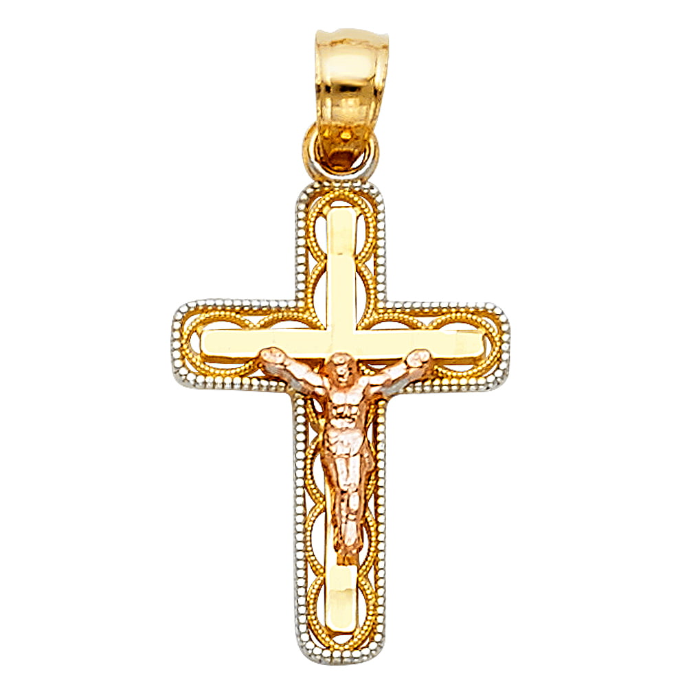 14K Two Tone Gold Jesus Crucifix Cross Religious Charm Pendant For Necklace or Chain Ioka