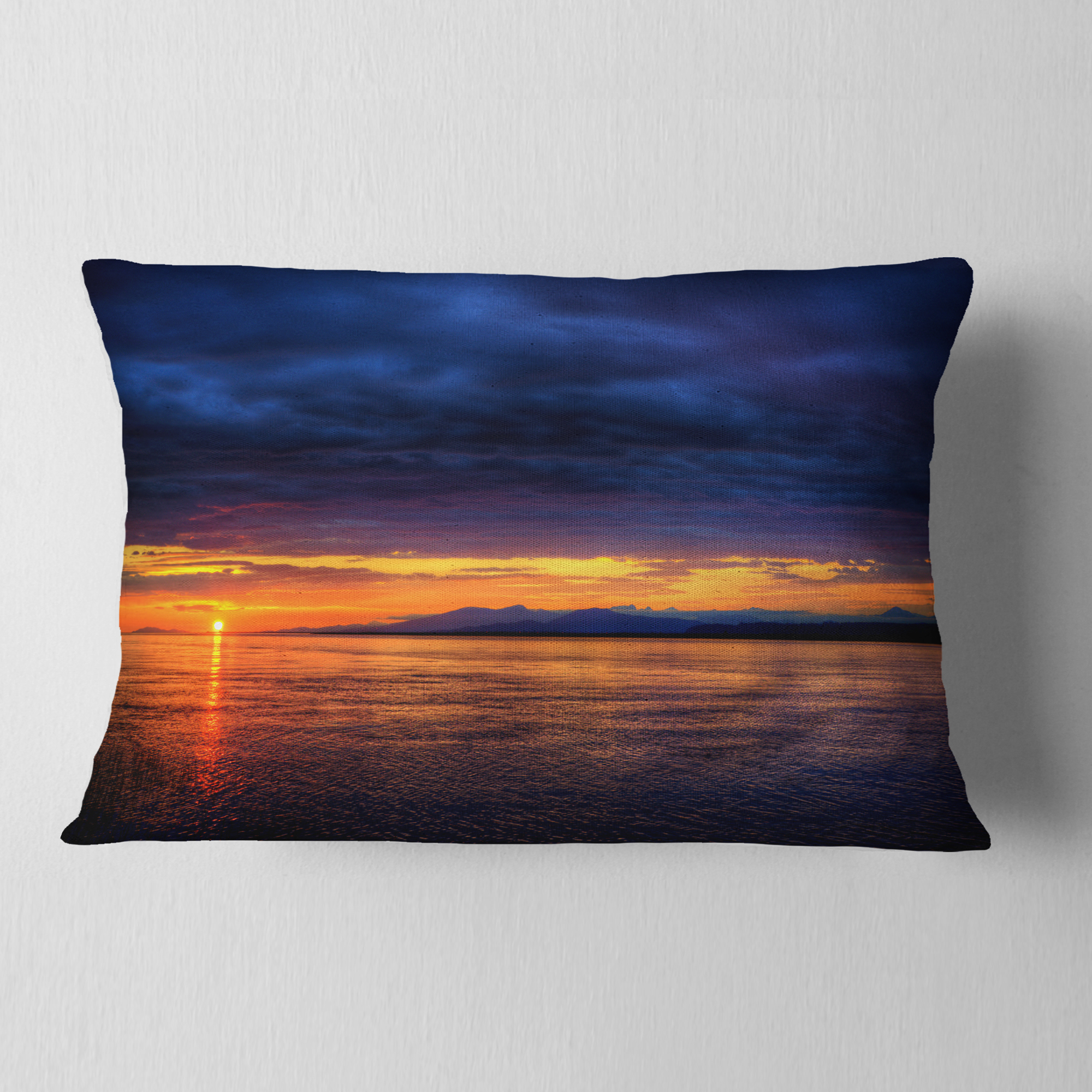 Designart Blue Cloudy Sky and Setting Sun - Seashore Photo Throw Pillow - 12x20
