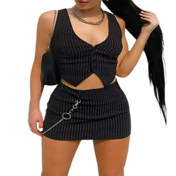Women 2Pcs Clothes Set Stripe Printed V neck Sleeveless Crop Tops Vest Mini Pencil Skirt Clubwear Black S