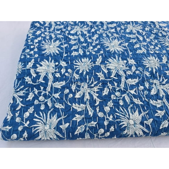 Kantha Quilt Handblock Print Indian Netural Colour floral print Quilt Hand Stitched Natural vegetable dye cotton