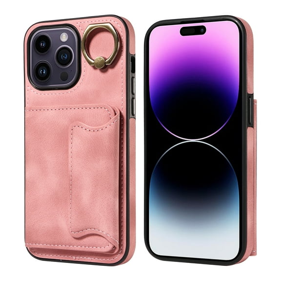Mantto for iPhone 12 Pro / iPhone 12 6.1" PU Leather Wallet Case with Ring Holder Bracket, TPU Shockproof Credit Card Slots Holder Magnetic Buttons Cover, Full Corners Shockproof Protective C,Rosegold