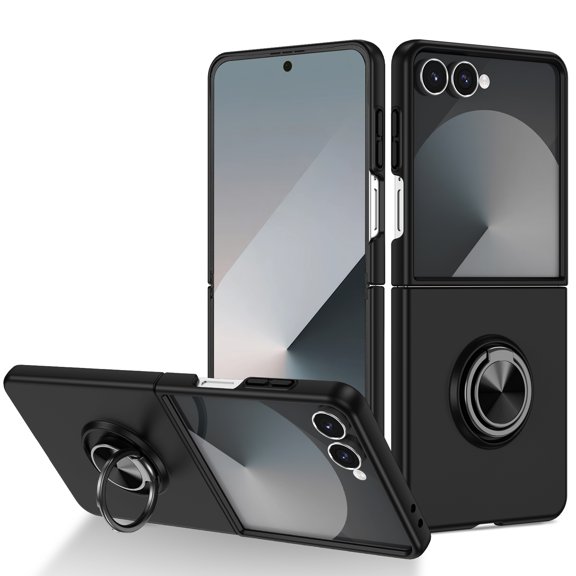 for Samsung Galaxy Z Flip 8 Case, Luxury Ultra Slim Hard PC Cover with 360° Rotating Ring Kickstand, Stylish Shockproof Drop Protective Skin Friendly Phone Case Cover, Black