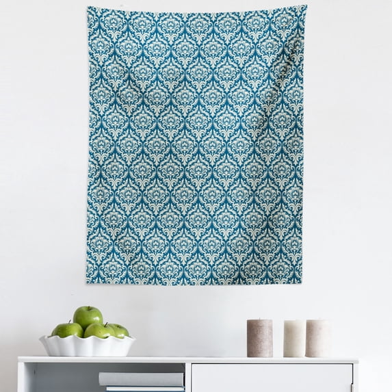 Damask Tapestry, Floral Ornamental Damask Pattern Victorian Style Baroque Organic Motifs Stencil Art, Fabric Wall Hanging Decor for Bedroom Living Room Dorm, 5 Sizes, Blue White, by Ambesonne