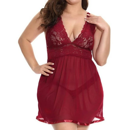 

Enjiwell Women s Plus Size 2Pcs Nightdress Solid Color Floral V Neck Sleeveless Dress and Thong Sexy Doll Set