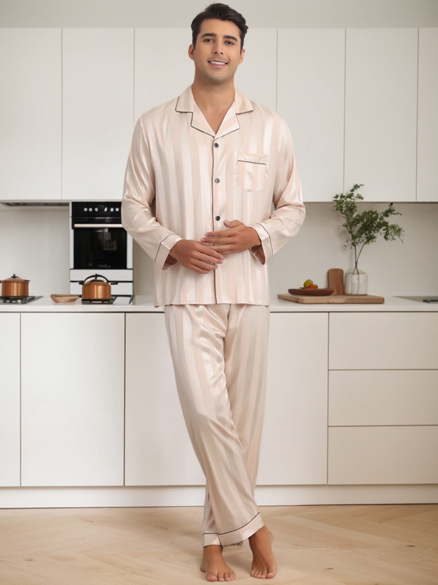 DARING DIVA Men's 2-Piece Long Sleeve Top And Pants Striped Pajama Set XL Champagne
