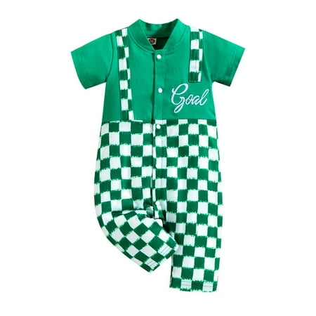 

Biekopu Infant Baby Summer Romper Short Sleeve Checkboard Print Patchwork Button Down Jumpsuit