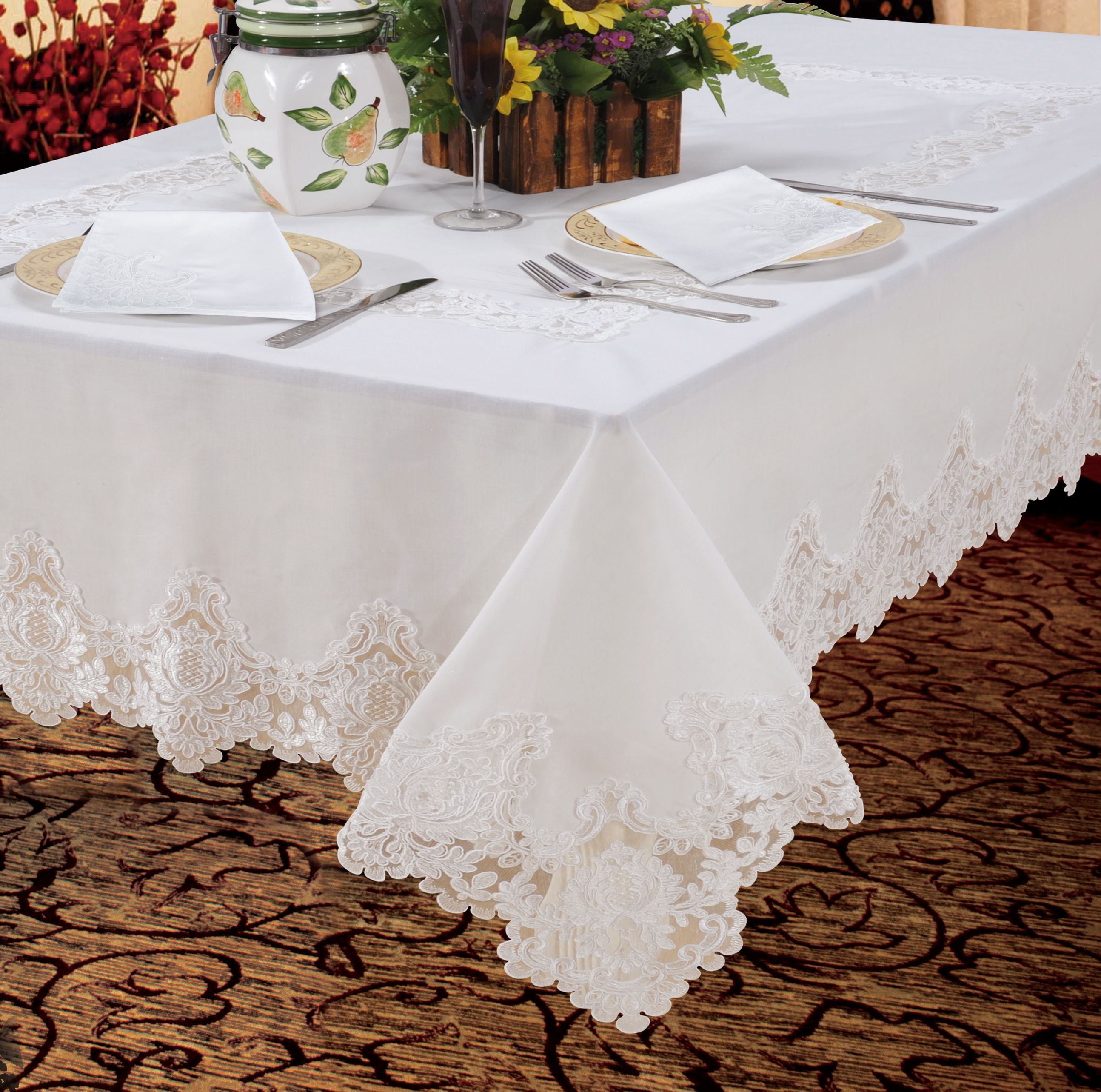 Oval Table Cloth Floral Tablecloth White Vintage Embroidered Lace Doilies 15x33"