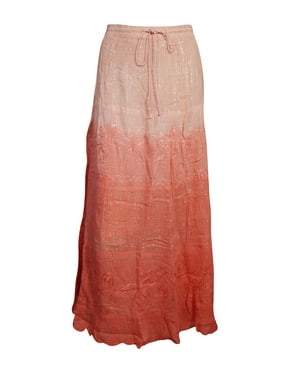 Mogul Women Tie Dye Red,Peach Long Skirt Cotton A-Line Summer Tiered Skirts M/L