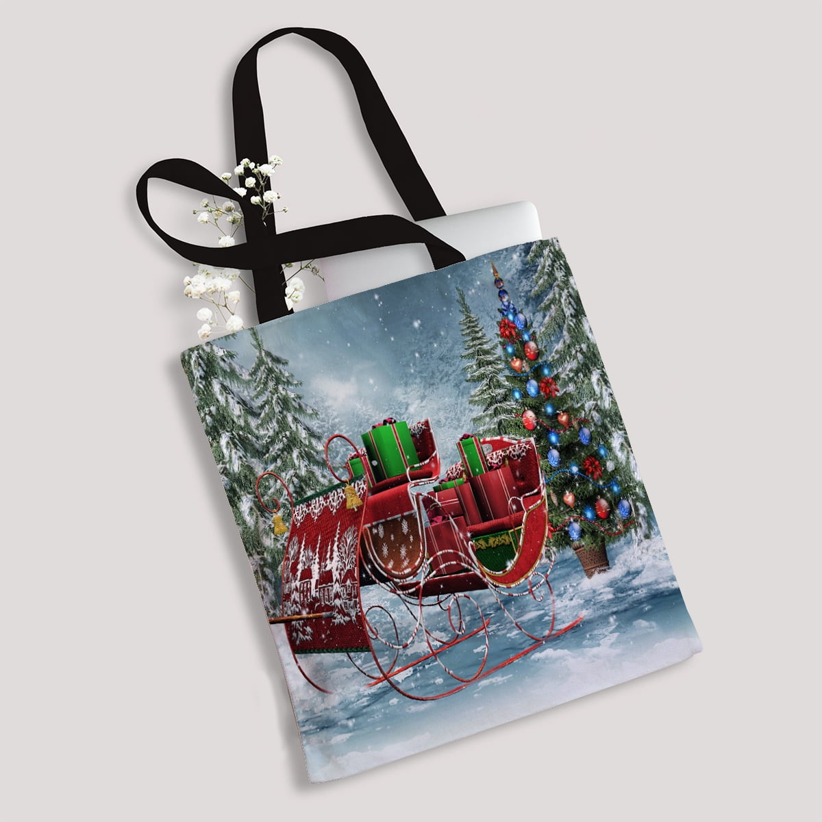ECZJNT Vintage sleigh Christmas gifts Canvas Bag Reusable Tote Grocery