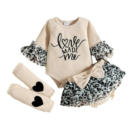 

XINSHIDE Infant Baby Girls Set Leopard Flare Sleeve Ruffles Letter Printed Romper Bodysuit Shorts Leg Warmer Outfits Baby Clothing
