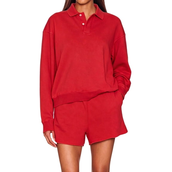 Women's 2 Piece Sets Long Sleeves Top Shorts Casual Trendy Outfits Red S